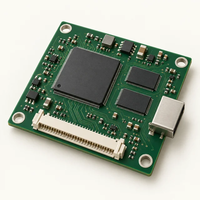 Generic computing board illustration with mounting holes and connectors