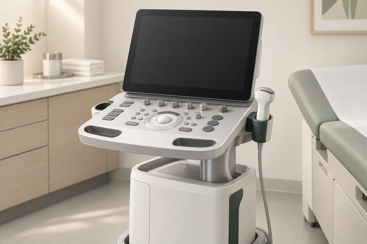 Illustration of a diagnostic console with an integrated display and probe in a clean clinical setting