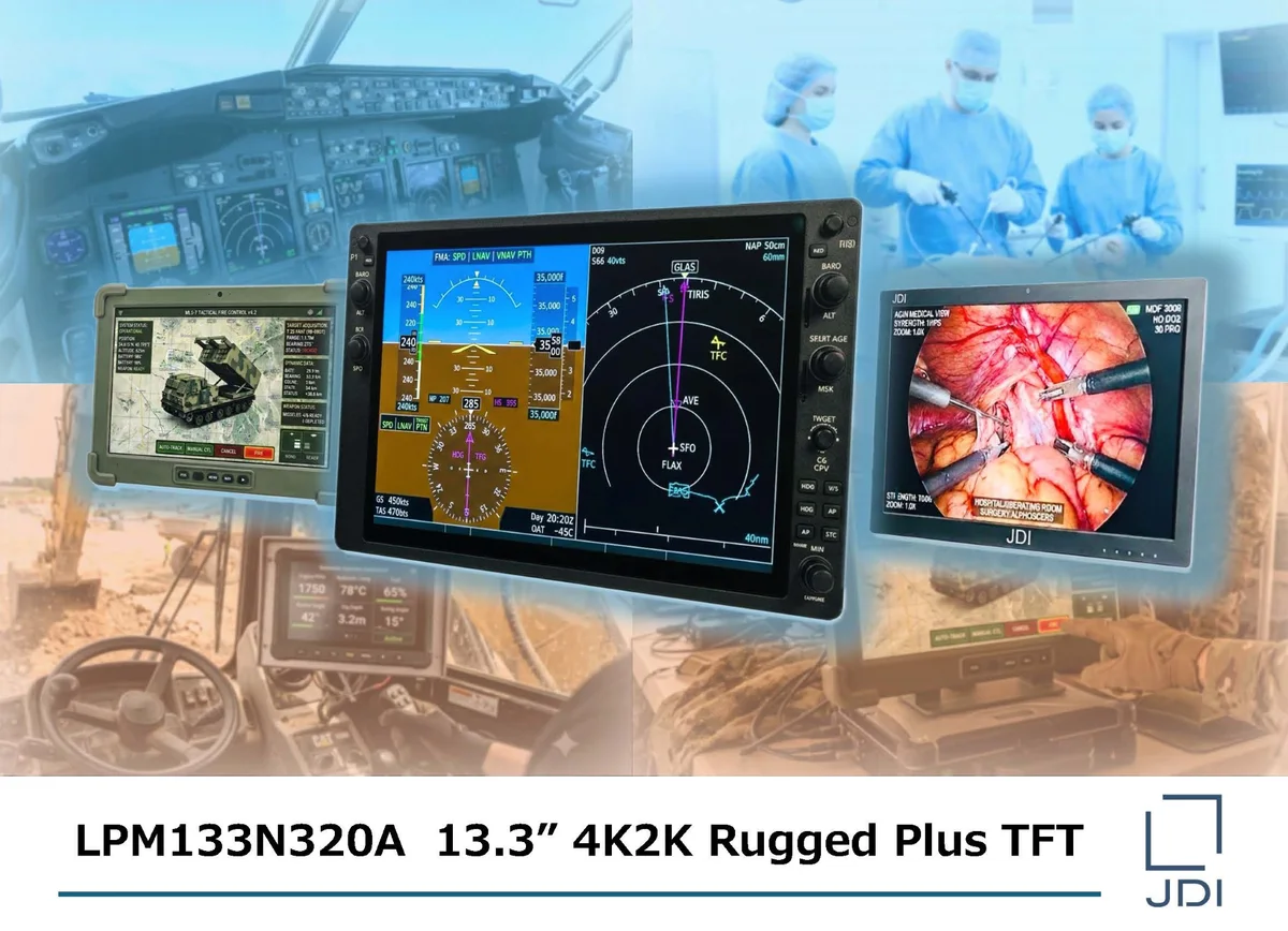 JDI application montage for the LPM133N320A display, showing example cockpit, field and medical systems