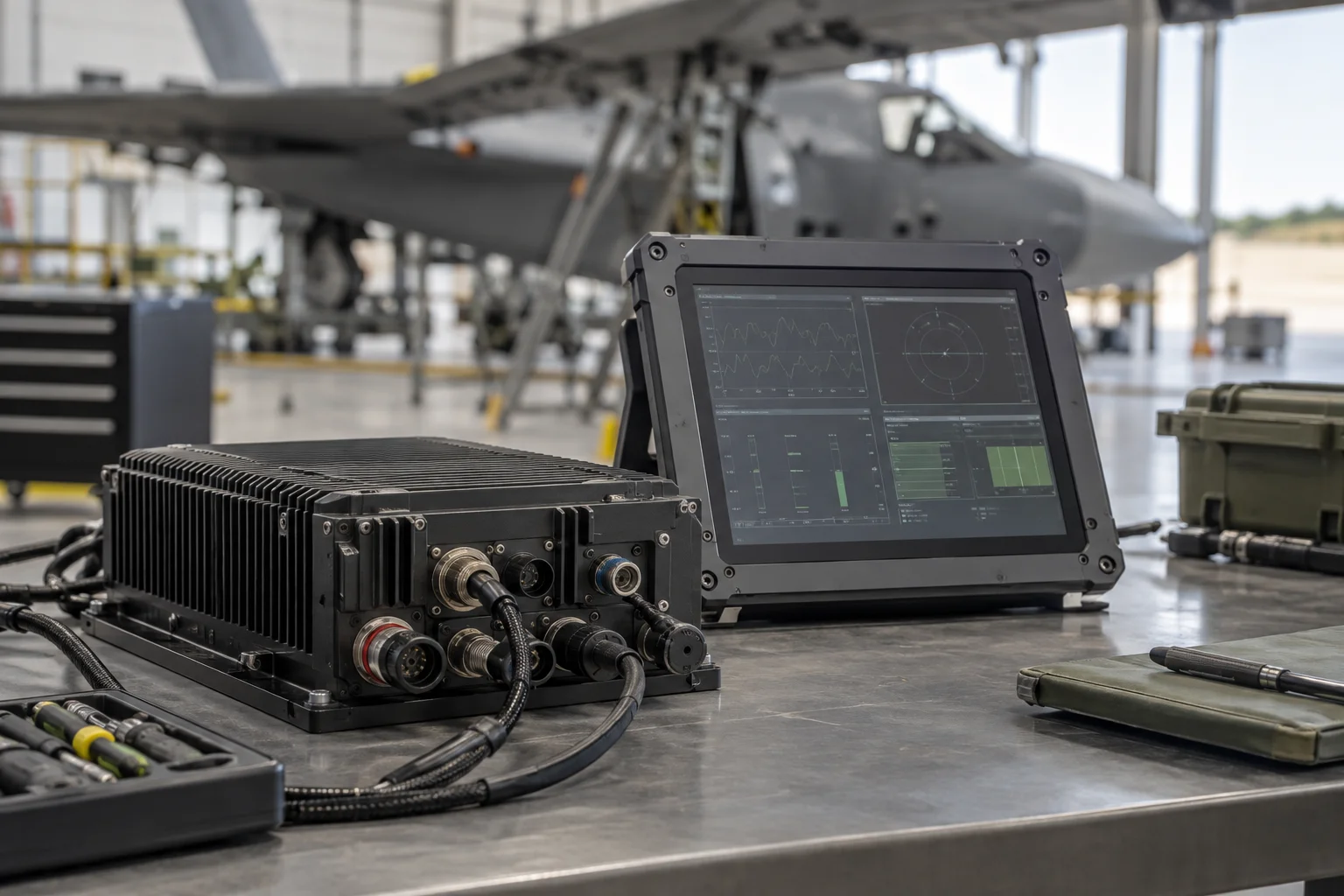 Rugged computing and display equipment on an aerospace integration workbench, with an aircraft in the background