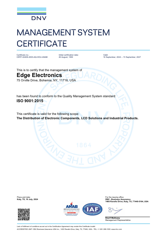 Edge Electronics' DNV ISO 9001:2015 management system certificate