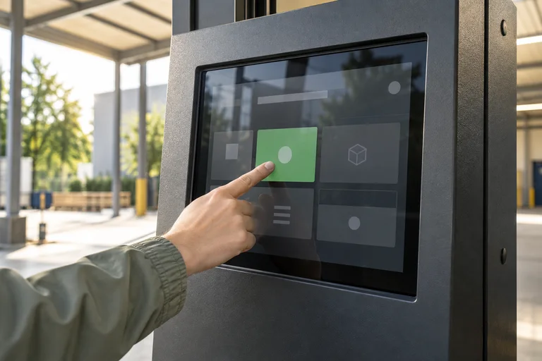 Generated application concept of a person using an outdoor touchscreen kiosk in daylight.