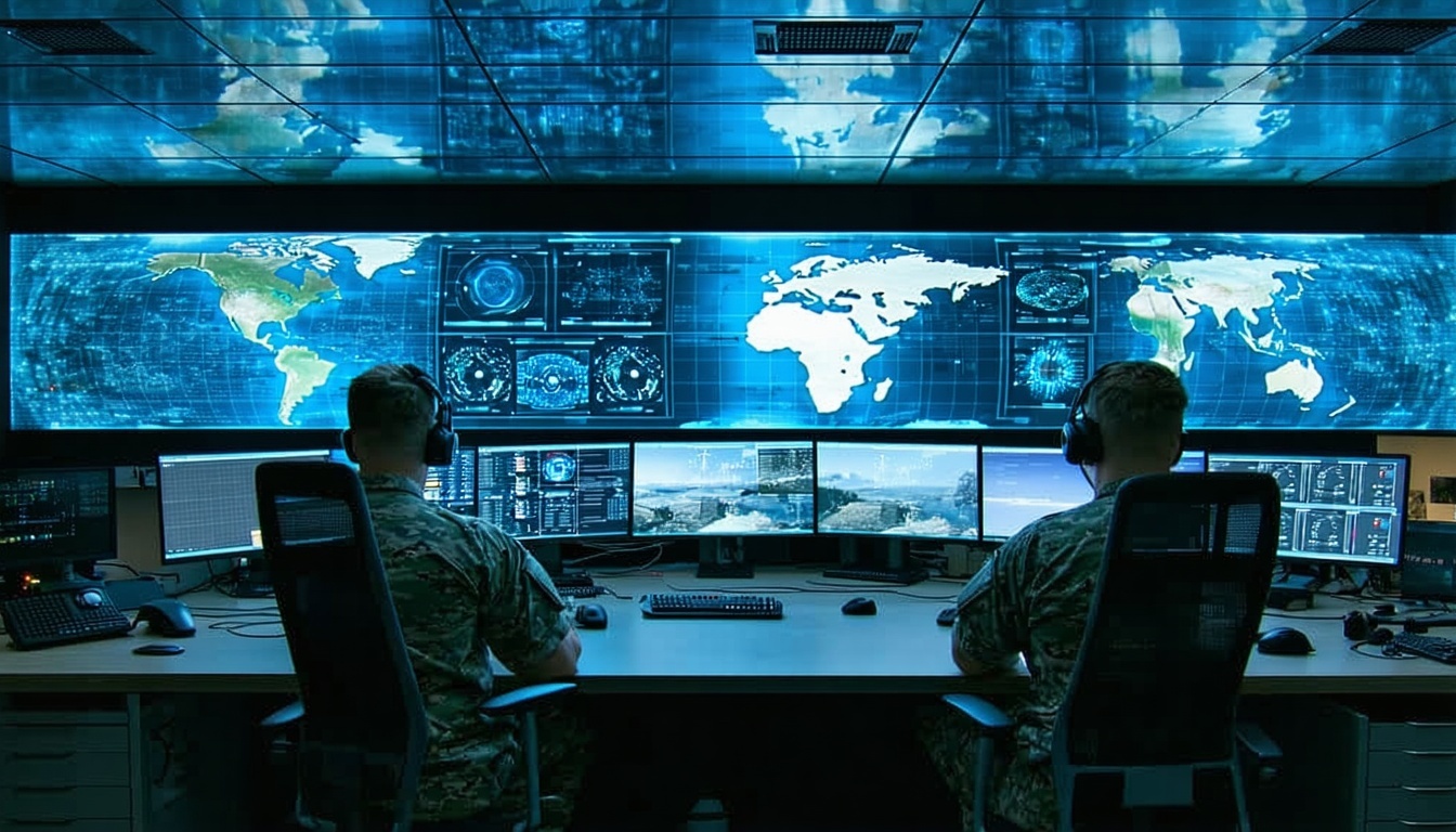 A high-tech military command center with advanced